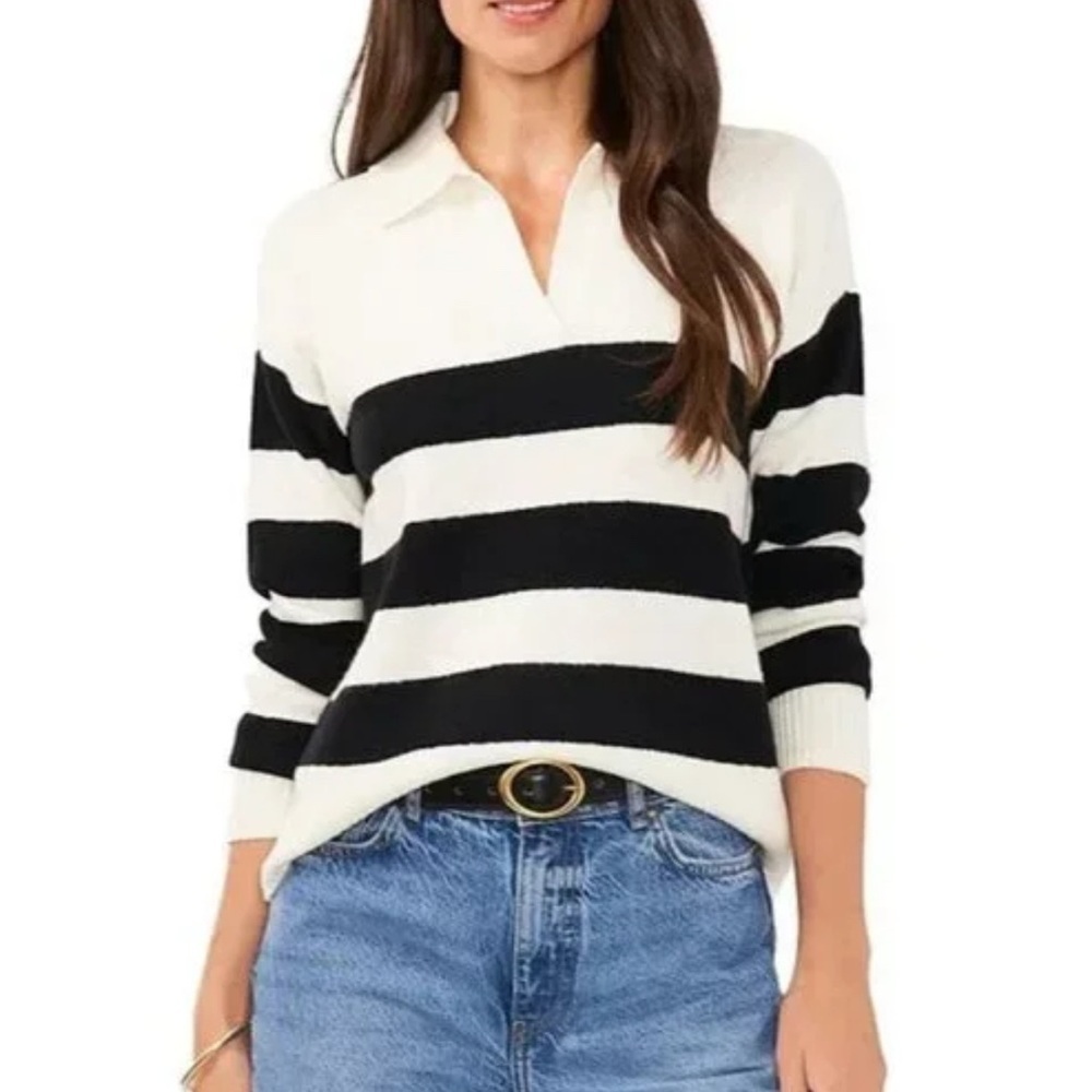 New With Tag‎ Vince Camuto Black and White Striped V-Neck Sweater XXL